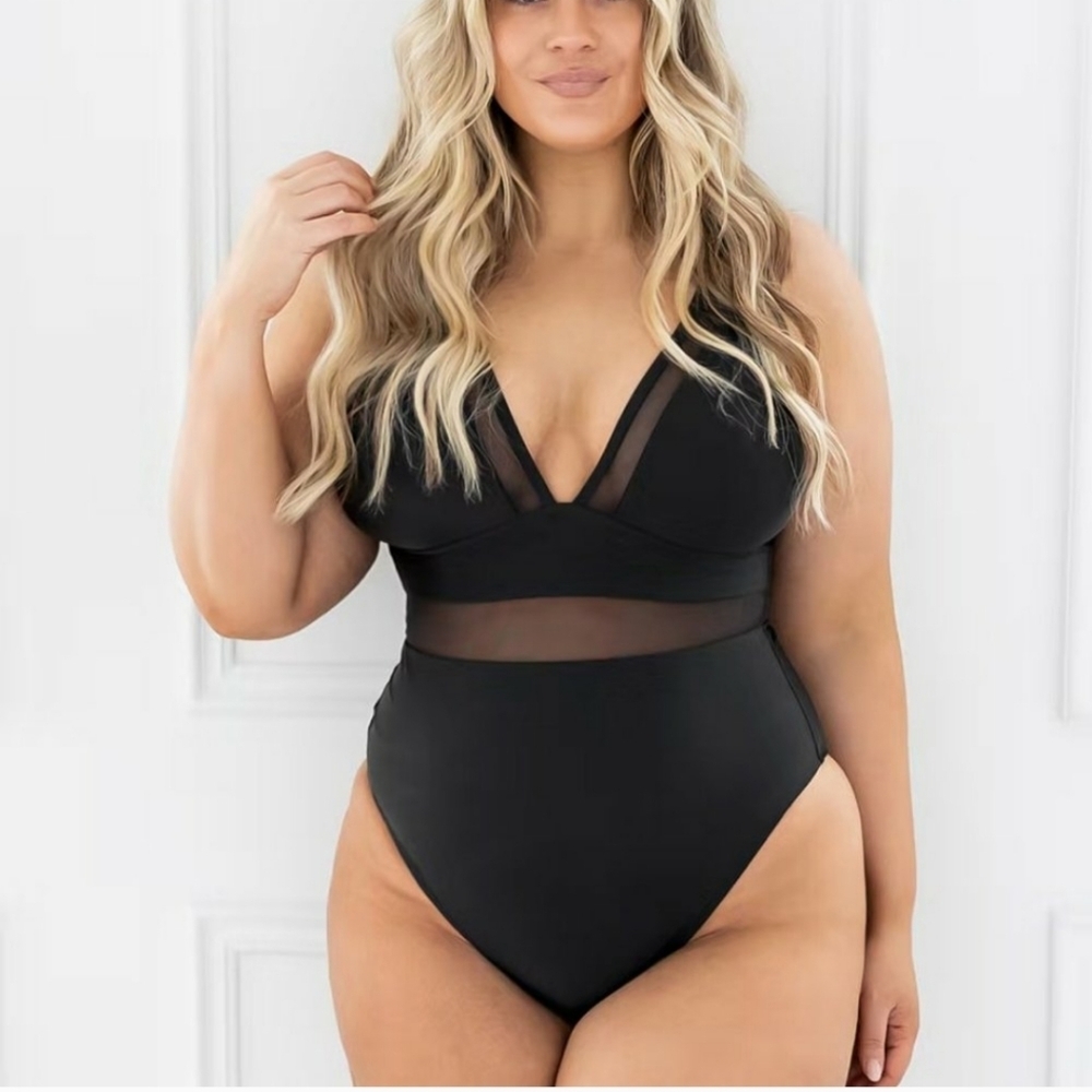 Plus Size One Piece‎ Swimsuit V Neck Mesh Sheer black 2x